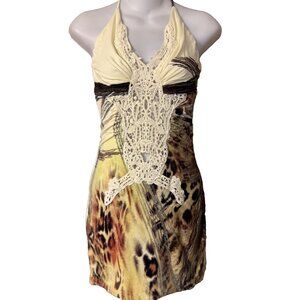 Sky Brand Mini Dress Large Cream Animal Print Crochet Crochet NEW $168